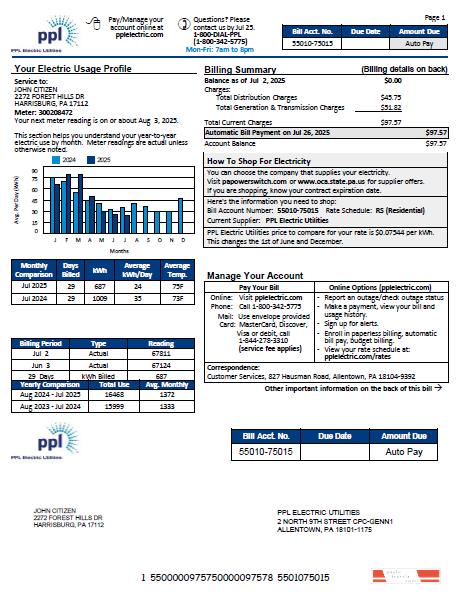 USA PPL Electric utility bill template in Word and PDF formats, version 3